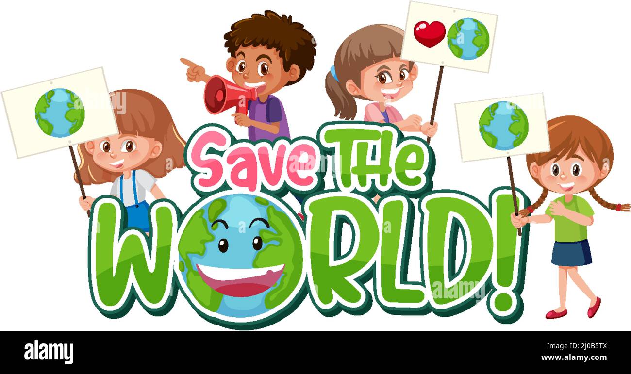 Save the world poster design with children in cartoon style