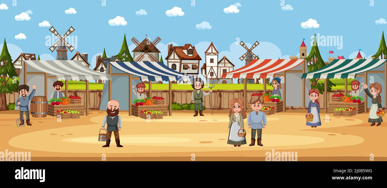 Medieval town scene with villagers at the market illustration Stock ...