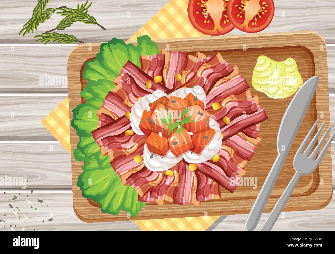 Top view of breakfast on wooden tray illustration Stock Vector Image ...