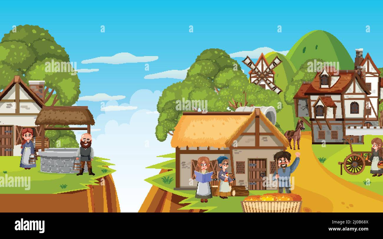Medieval town scene with villagers illustration Stock Vector Image ...