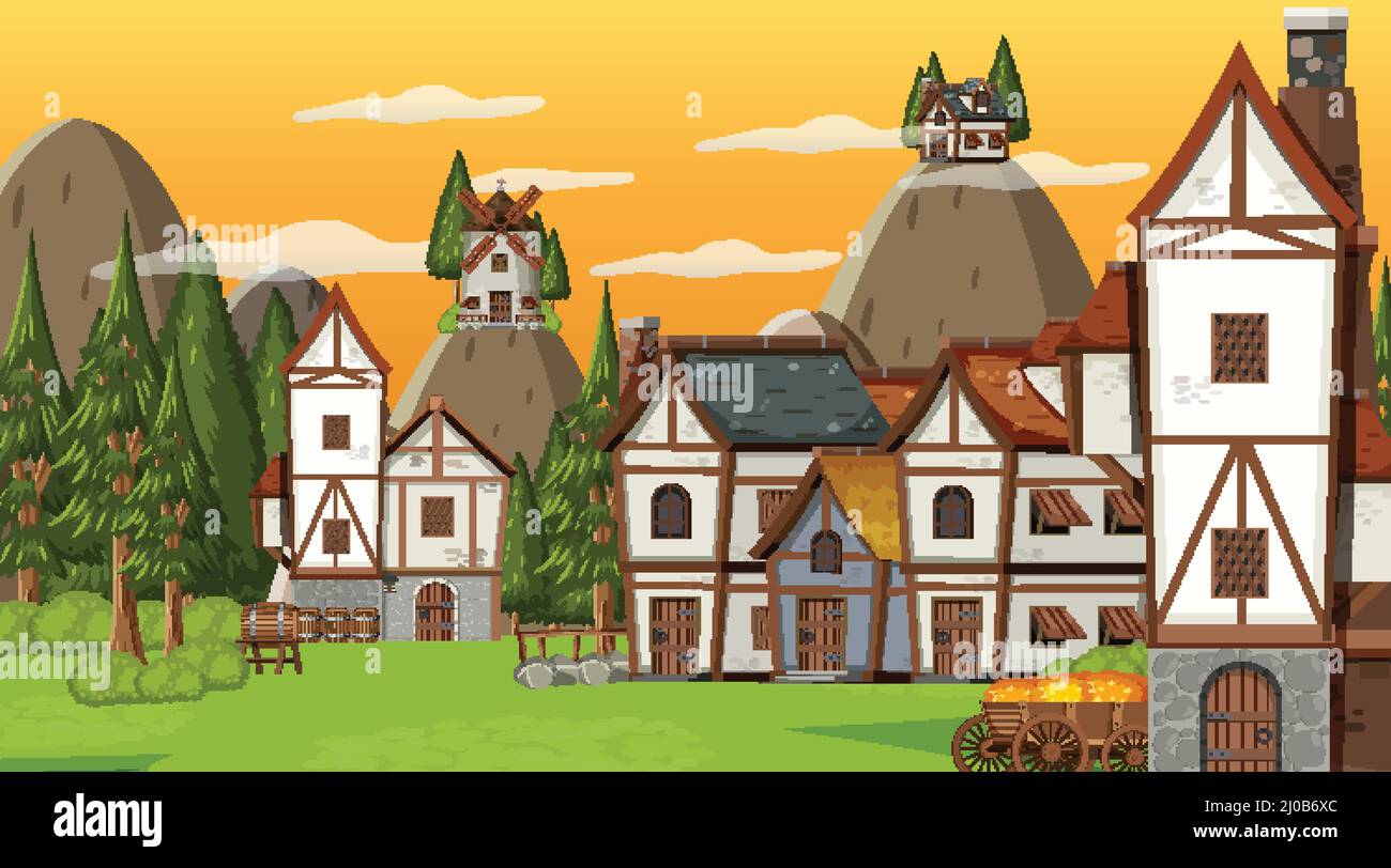 Medieval town scene with sunset illustration Stock Vector Image & Art ...