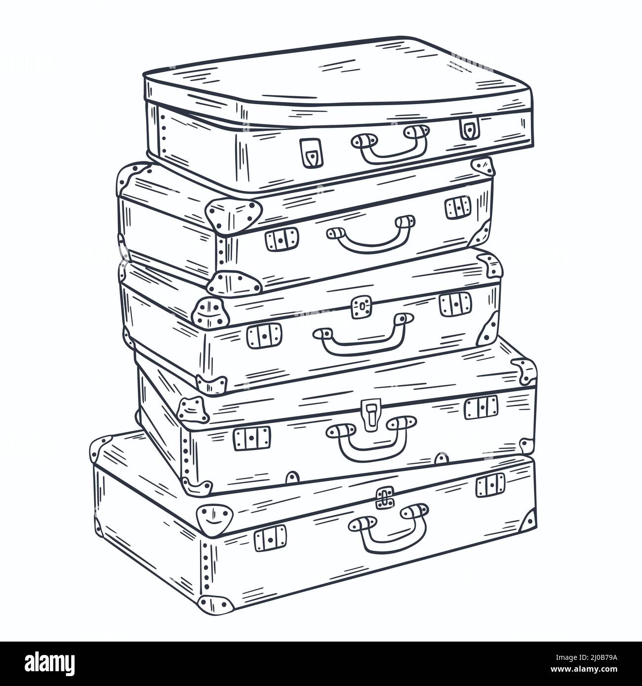 Group suitcases stacked on top of each other sketch. Luggage hand engraved. Old vintage bags for carrying things vector black outline illustration Stock Vector