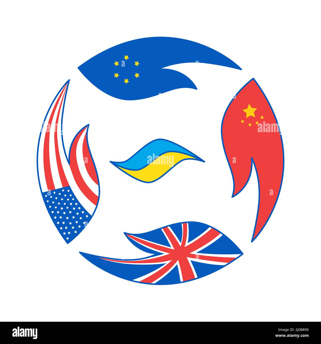 Vector illustration of world with flags and Ukraine in the centre. Stock Vector