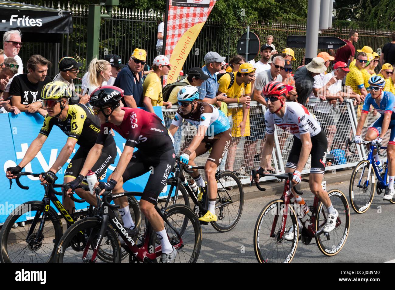 Saint Gilles, Brussels - Belgium - 07 08 2019 Bicyclists passing by in the final kilometer of the first etappe of the Tour de France 2019 Stock Photo