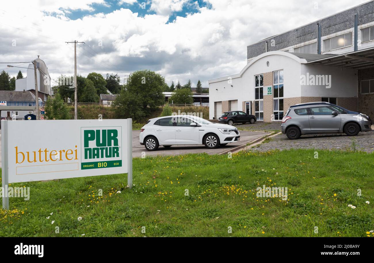 Bullingen, Walloon Regio - East Belgium - 08 27 2019 The dairy plant Pur Natur Bio Stock Photo