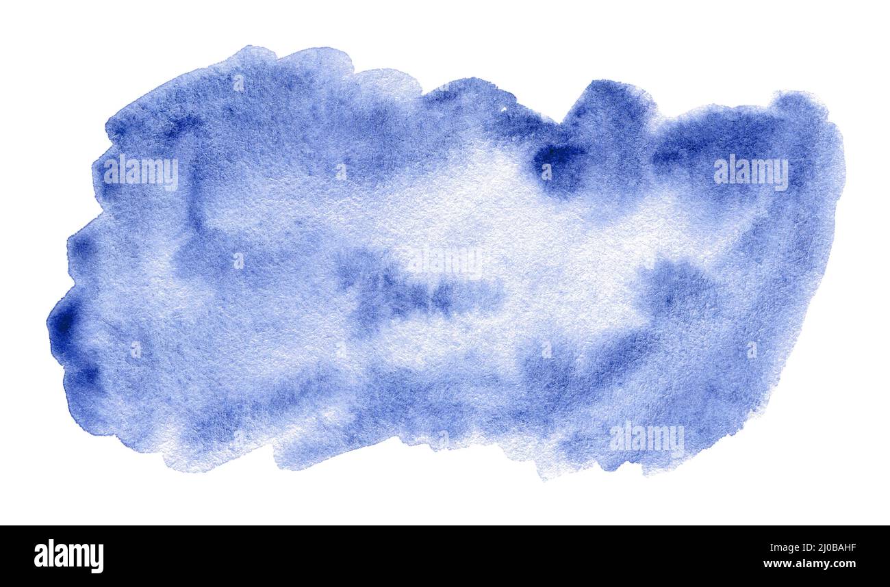 Blue watercolor hand drawn stain on white paper grain texture. Abstract ...
