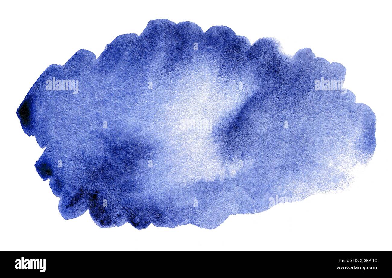 Blue watercolor hand drawn stain on white paper grain texture. Abstract ...