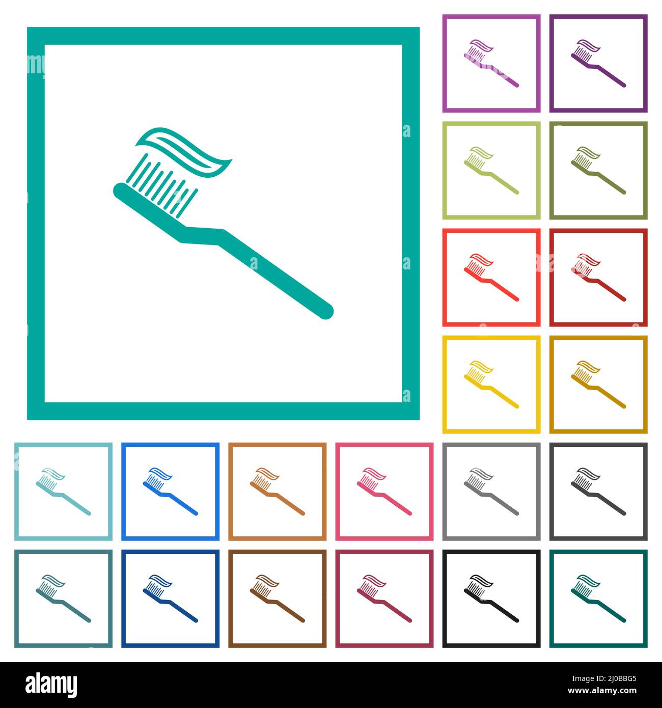 Toothbrush with toothpaste flat color icons with quadrant frames on ...