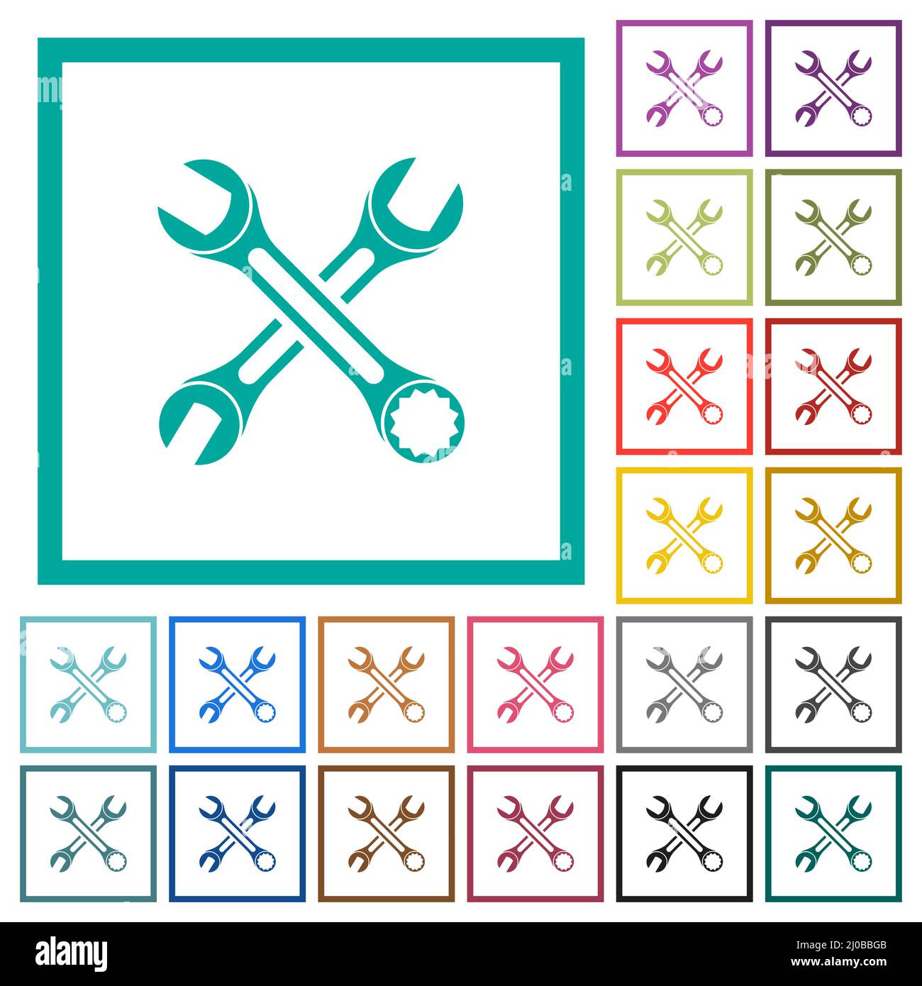 Two wrenches flat color icons with quadrant frames on white background Stock Vector