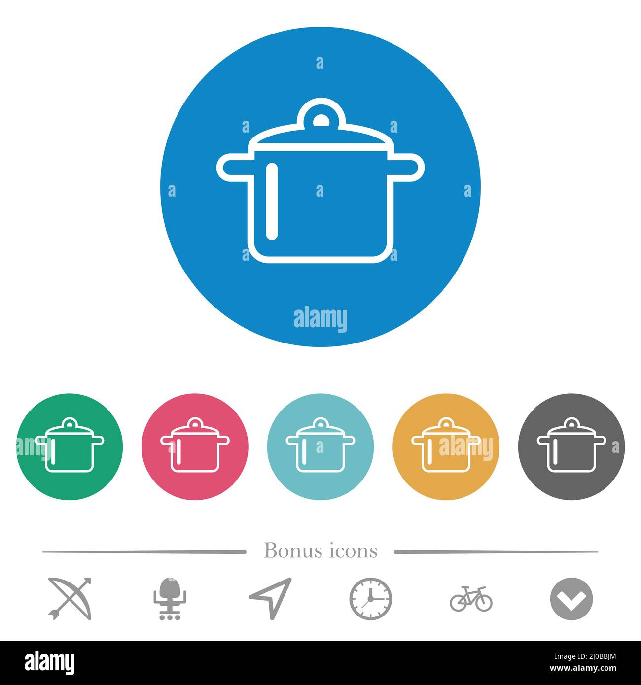 Cooking pot outline flat white icons on round color backgrounds. 6 ...