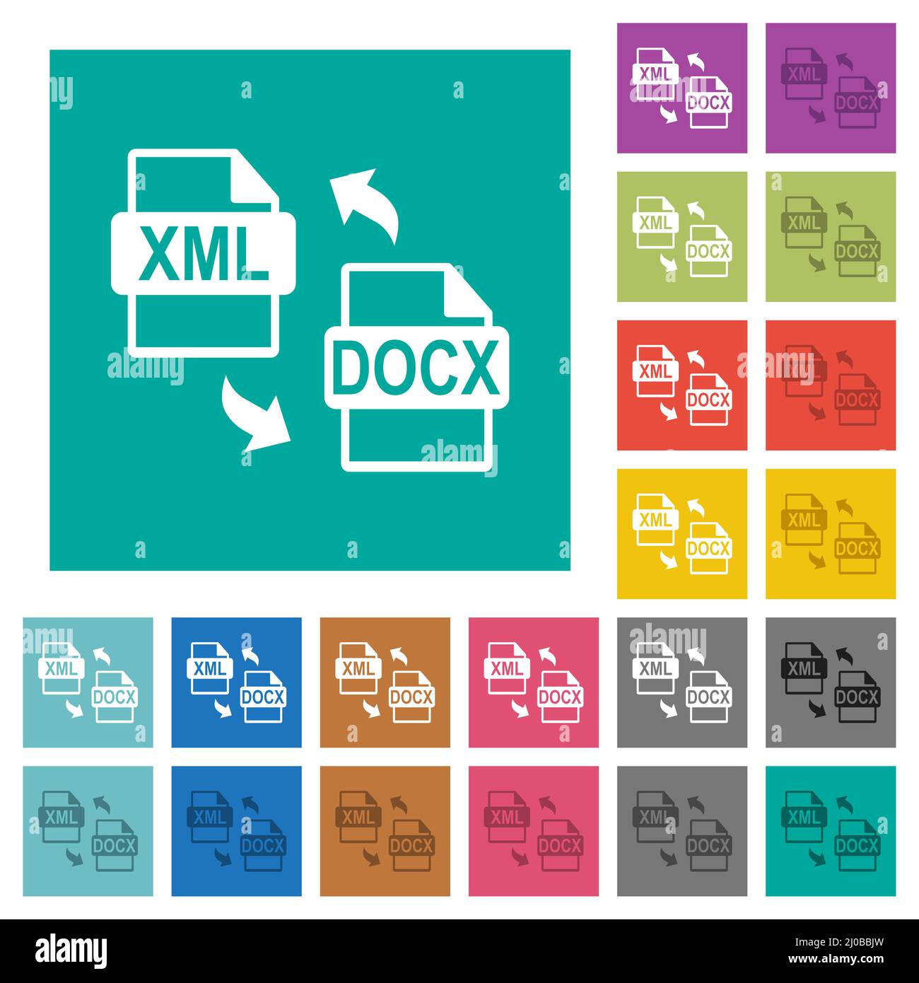 XML DOCX file conversion multi colored flat icons on plain square backgrounds. Included white and darker icon variations for hover or active effects. Stock Vector