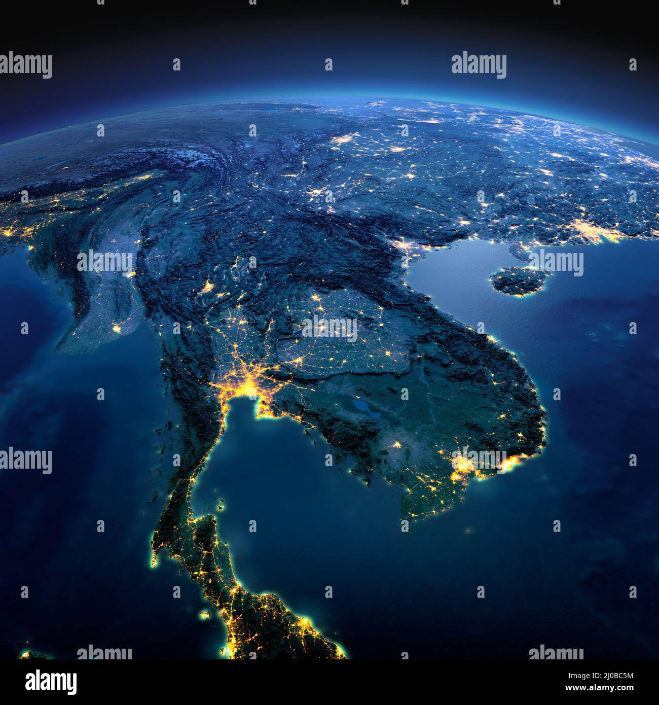 Detailed Earth. Indochina peninsula on a moonlit night Stock Photo