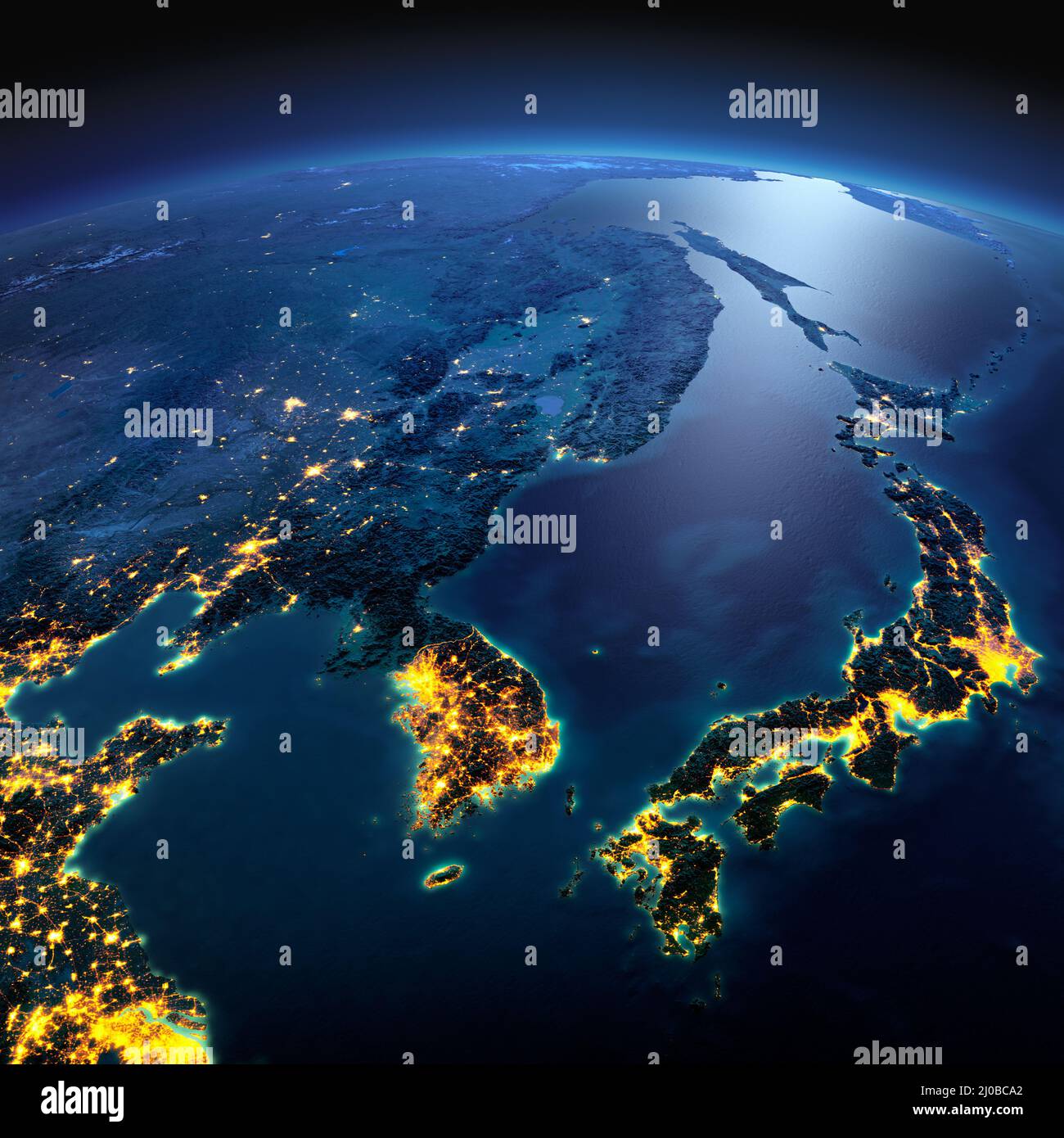 Detailed Earth. Korea and Japan on a moonlit night Stock Photo