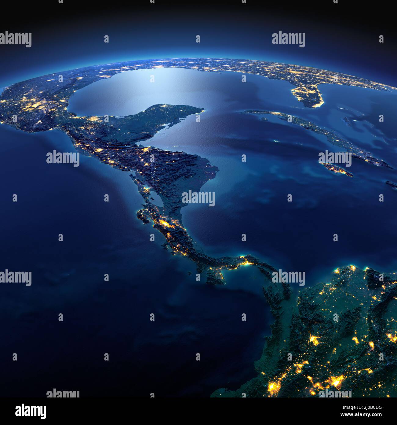 Detailed Earth. The countries of Central America on a moonlit night Stock Photo