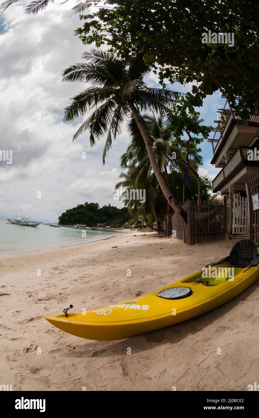 Yellow kayak laying on the sand beach with palm tree Stock Photo - Alamy