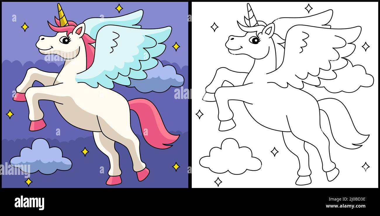 Flying Unicorn Coloring Page Colored Illustration Stock Vector Image 