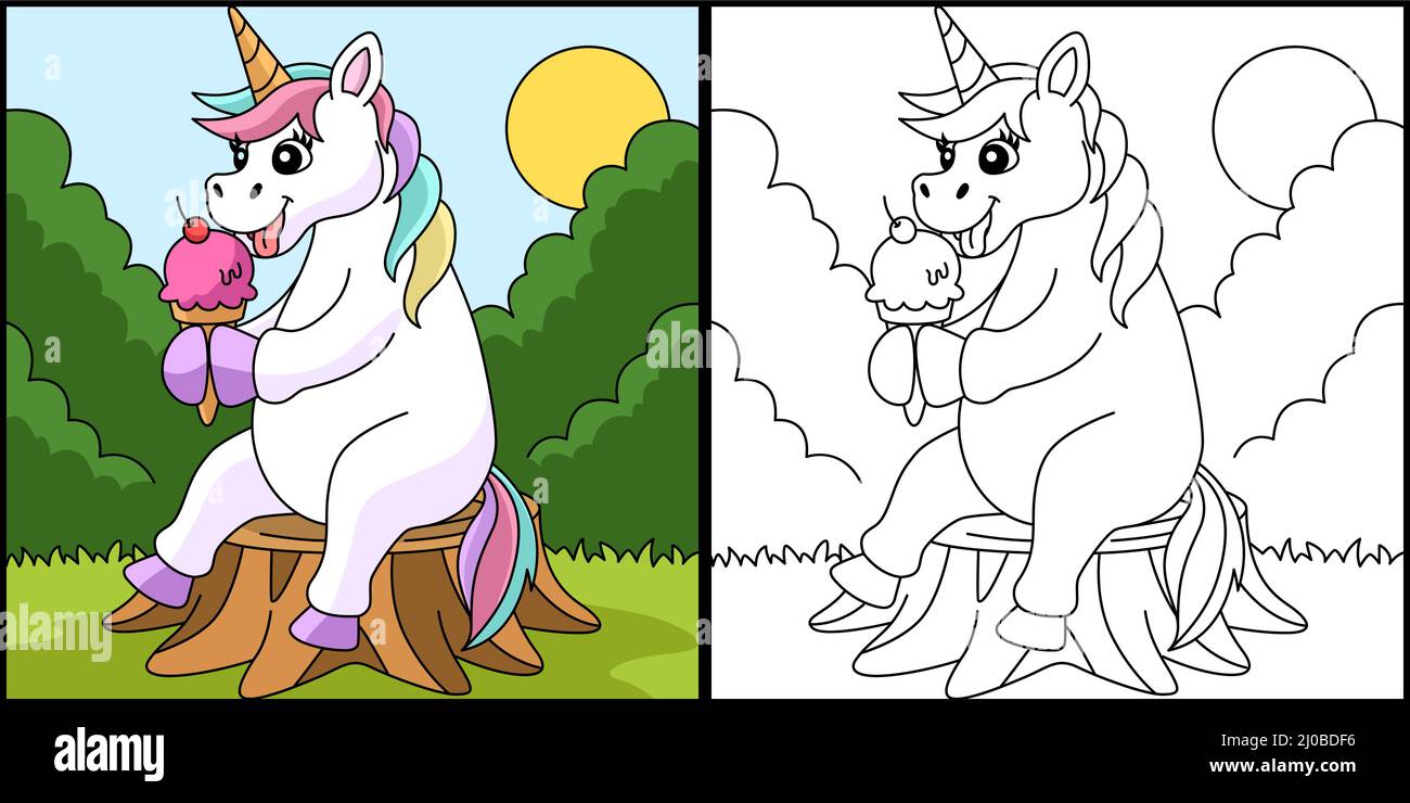 Unicorn Eating Ice Cream Coloring Page Stock Vector Image &amp; Art - Alamy