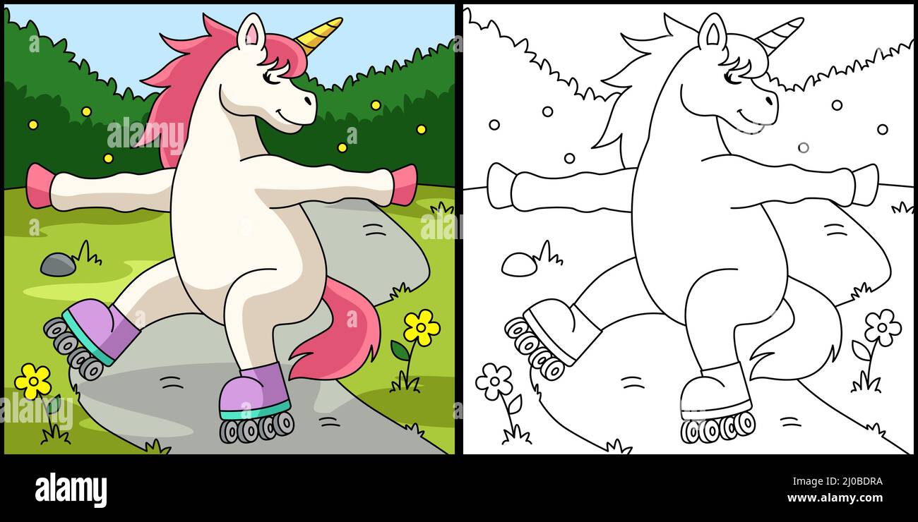 Unicorn Roller Skating Coloring Page Stock Vector