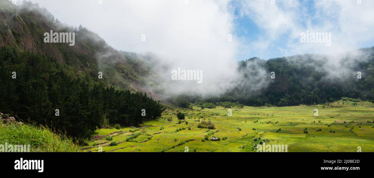 Green humid farm field with clouds in canyon of volcano Cape verde ...