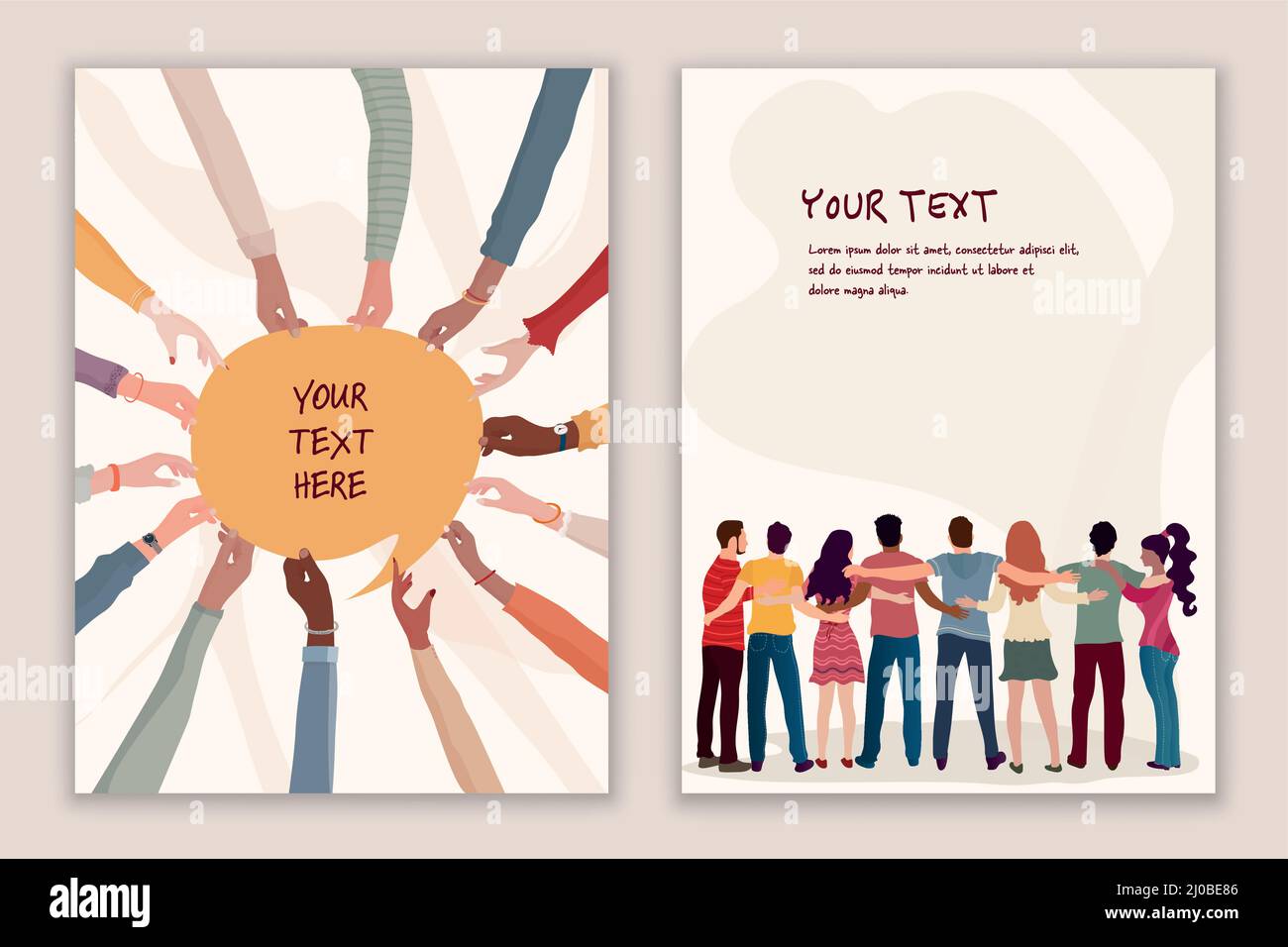 Group of multicultural volunteer people embraced viewed from behind and group of hands holding a speech bubble.NGO - flyer - brochure - poster - cover Stock Vector