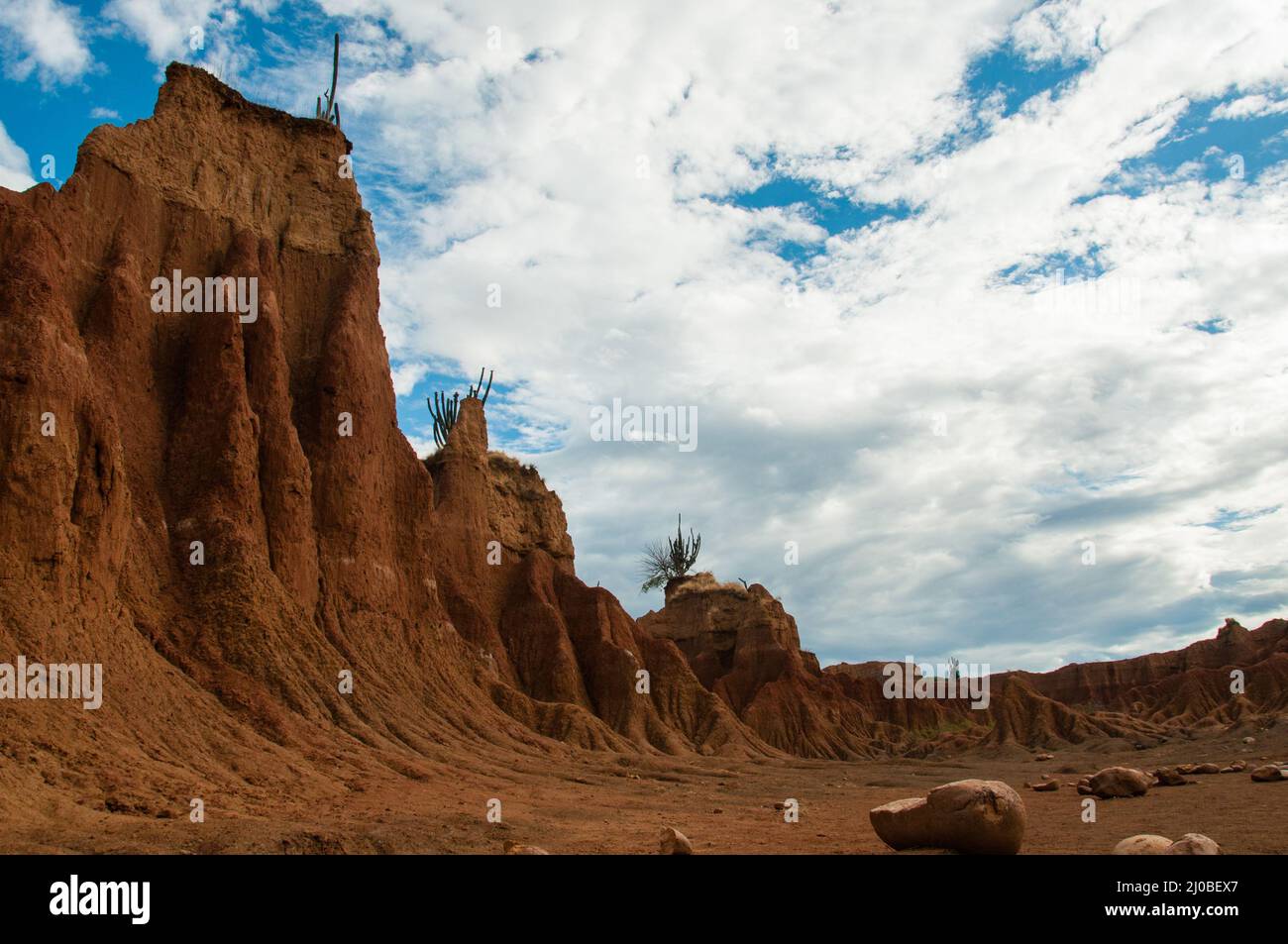 Big orange sand stone cliff in dry hot tatacoa desert with Cactus, Huila Stock Photo