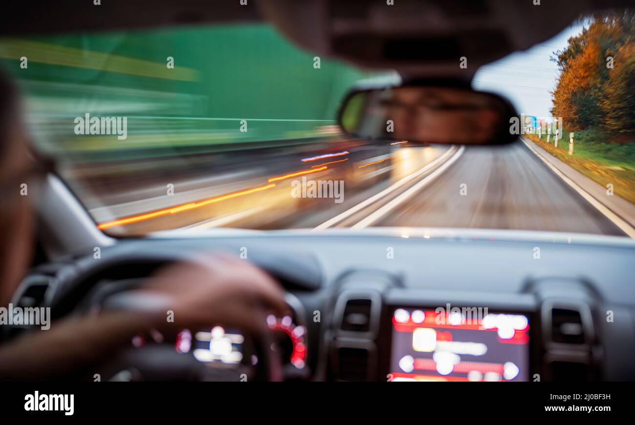 In the car on the exit from the freeway near Frankfurt am Main Stock Photo