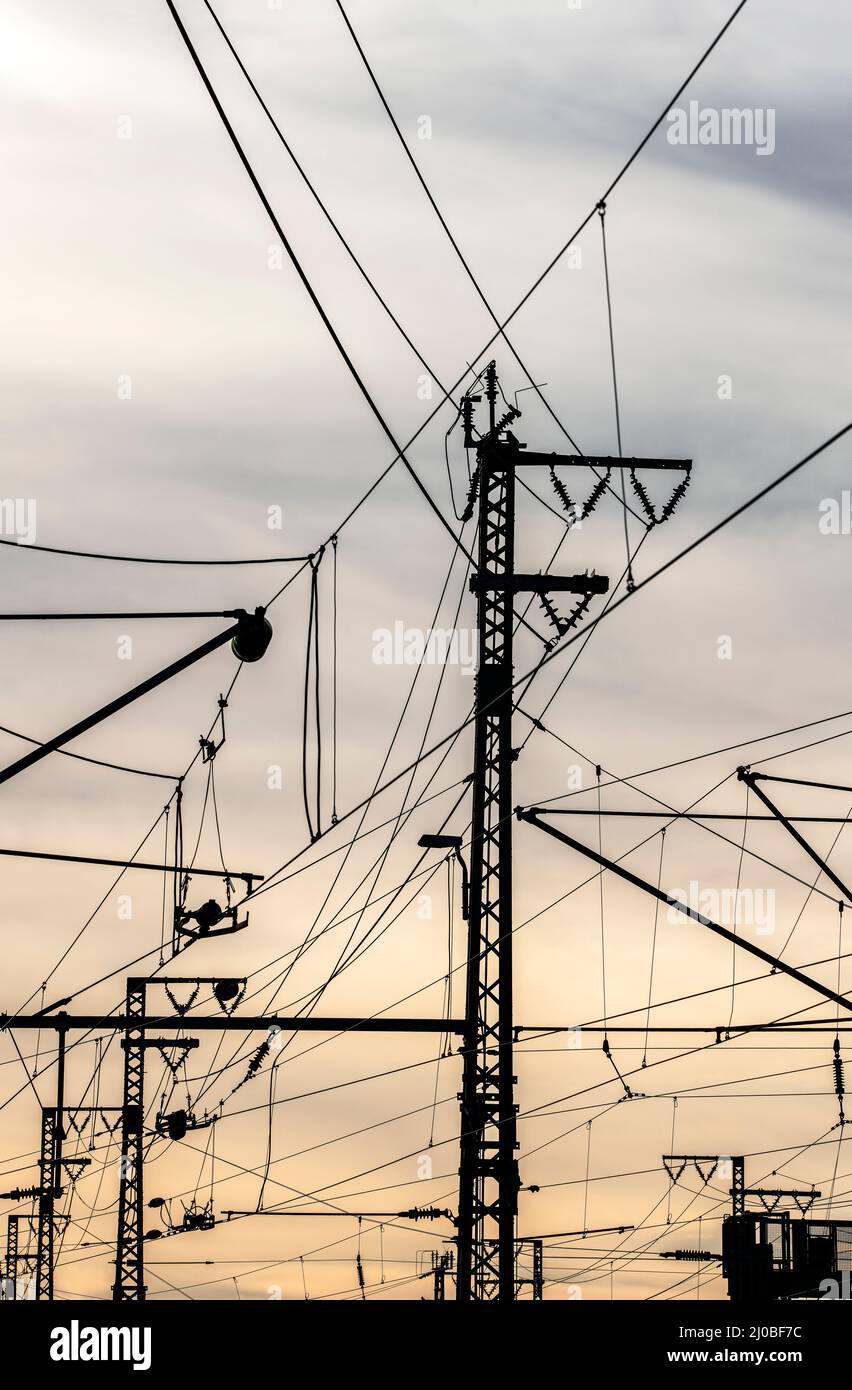 Masts of the overhead line of Deutsche Bahn at Frankfurt main station Stock Photo