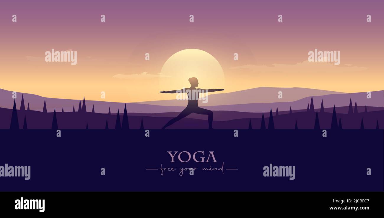 outdoor yoga in the nature meditating person silhouette Stock Vector