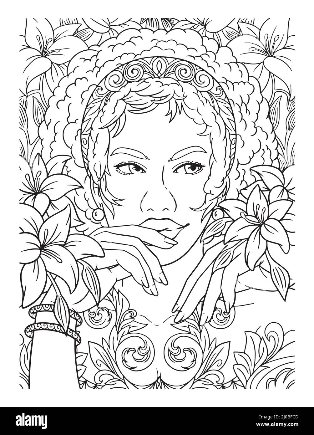 Afro American Flower Girl Adult Coloring Page  Stock Vector