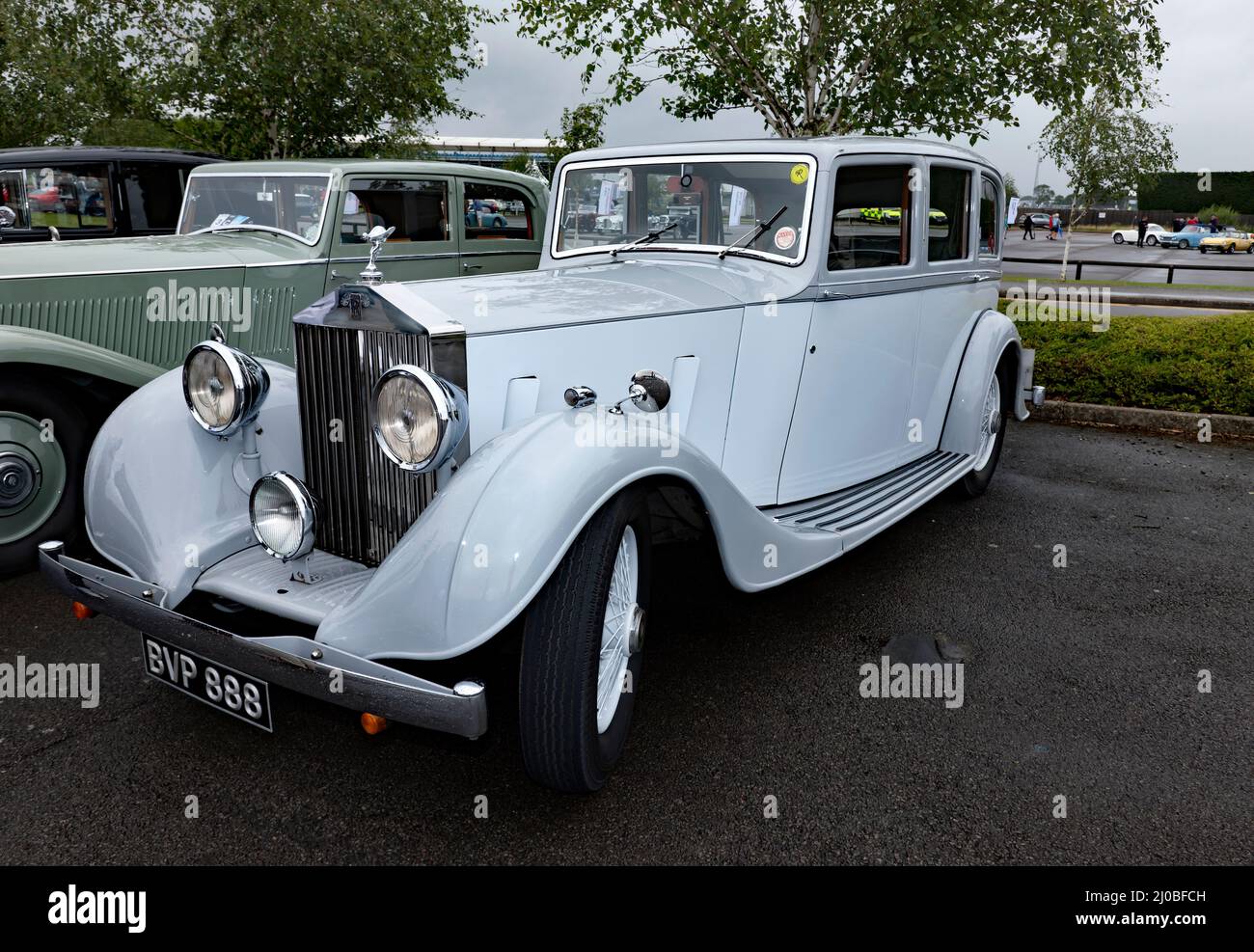 Three-quarters front view of  a Grey, 1936, Rolls Royce 20/25 H.P.,  on Display at the 2021 Silverstone Classic Stock Photo