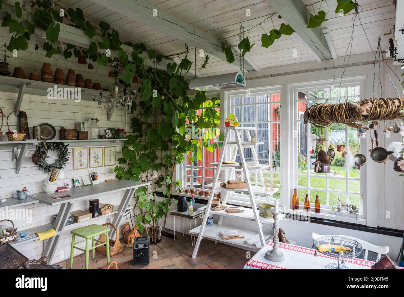 Rensmur, Sala Vastmanland County , Sweden - 08 06 2019- Vintage interior design of the gardenhouse in traditional Swedish style Stock Photo