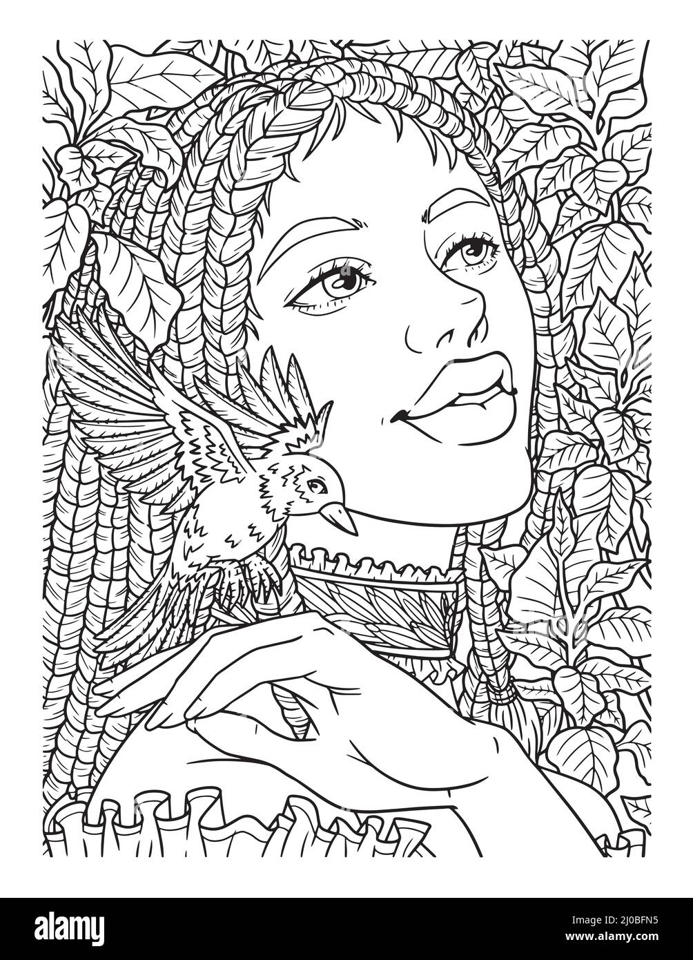 Afro American Girl With Bird Adult Coloring Page  Stock Vector