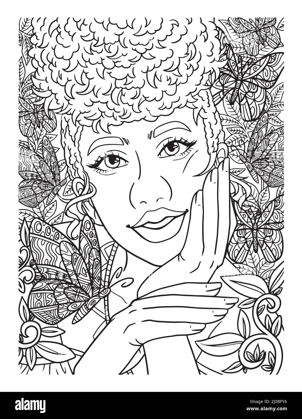 Beautiful Afro American Girl Adult Coloring Page  Stock Vector