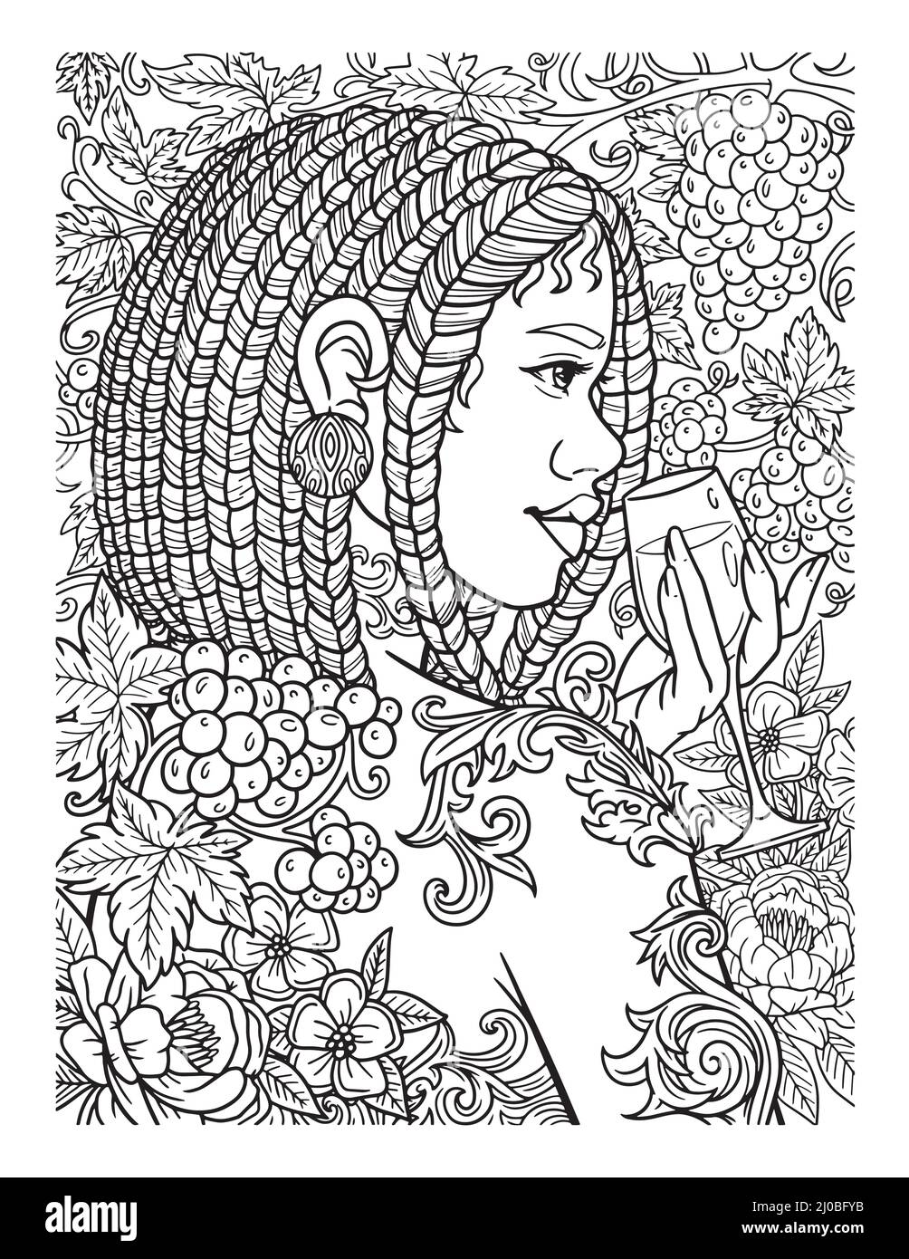 Afro American Girl With Wine Adult Coloring Page Stock Vector