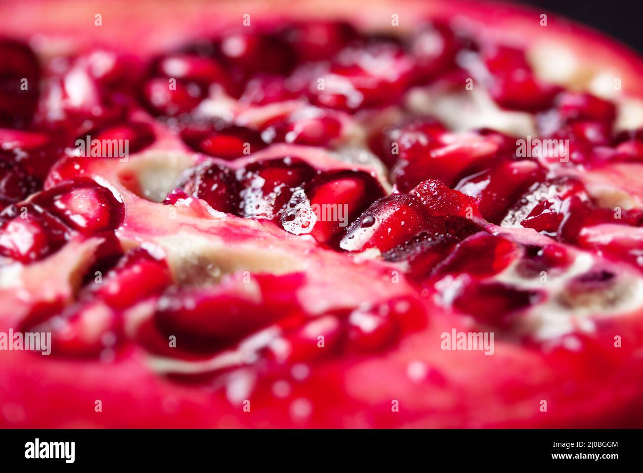 Seeds of fresh pomegranate with water droplets on a dark background Stock Photo