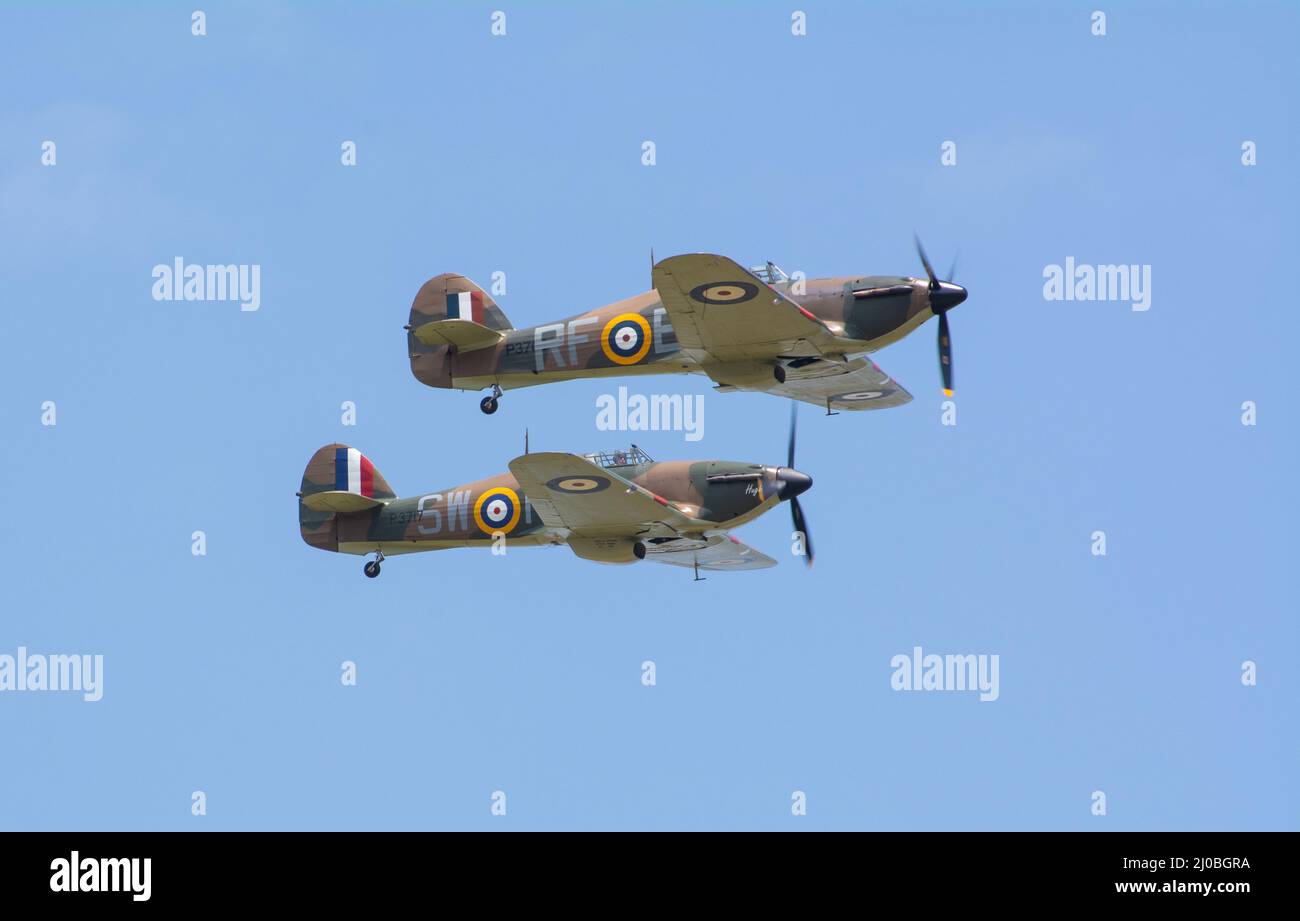 Headcorn, Kent  UK - July 1st 2018 A formationgroup of three spitfire WW2 fighter planes dogfight and fly in airshow over Kent. Stock Photo