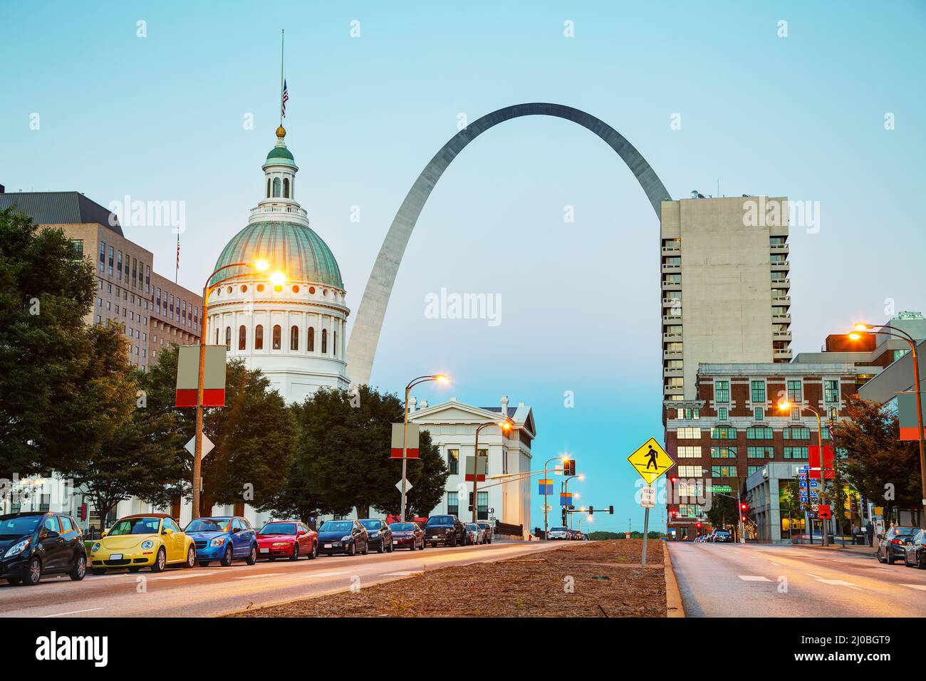 Downtown St Louis, MO with the Old Courthouse and the Gateway Arch Stock Photo