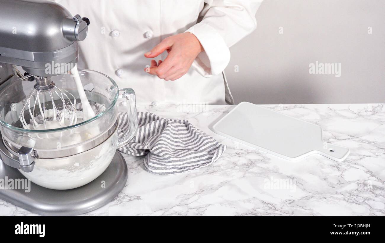 Step by step. Making meringue in kitchen mixer to bake unicorn meringue