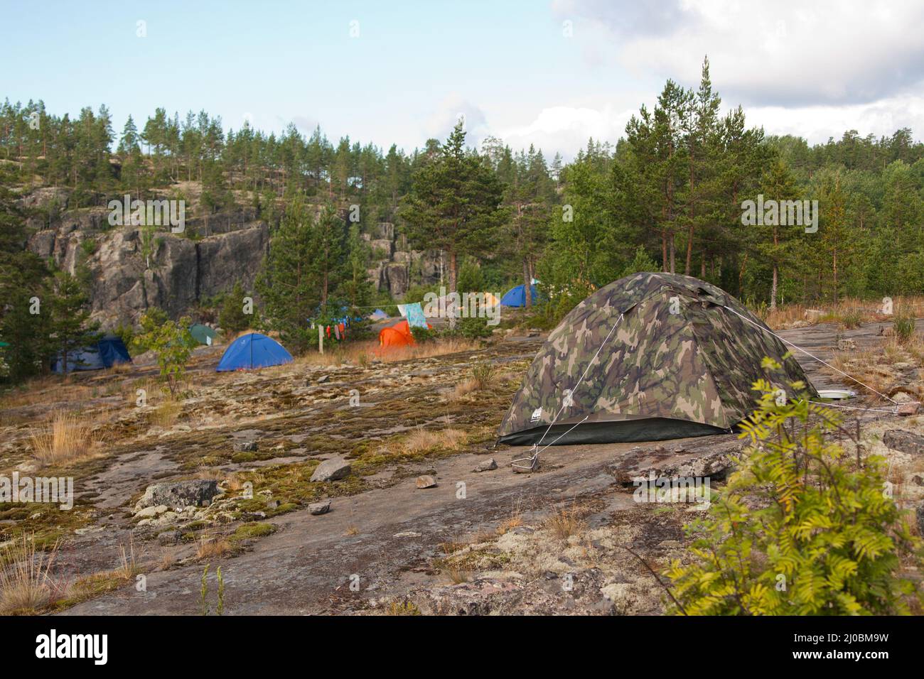 A tent city on the island Putsaari. Russia Karelia Ladoga Stock Photo