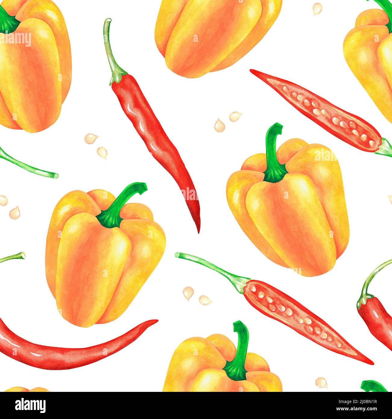 Sweet yellow and red hot pepper. Watercolor illustration. Isolated on a white background. For your design cookbooks, recipes, aprons. Stock Photo