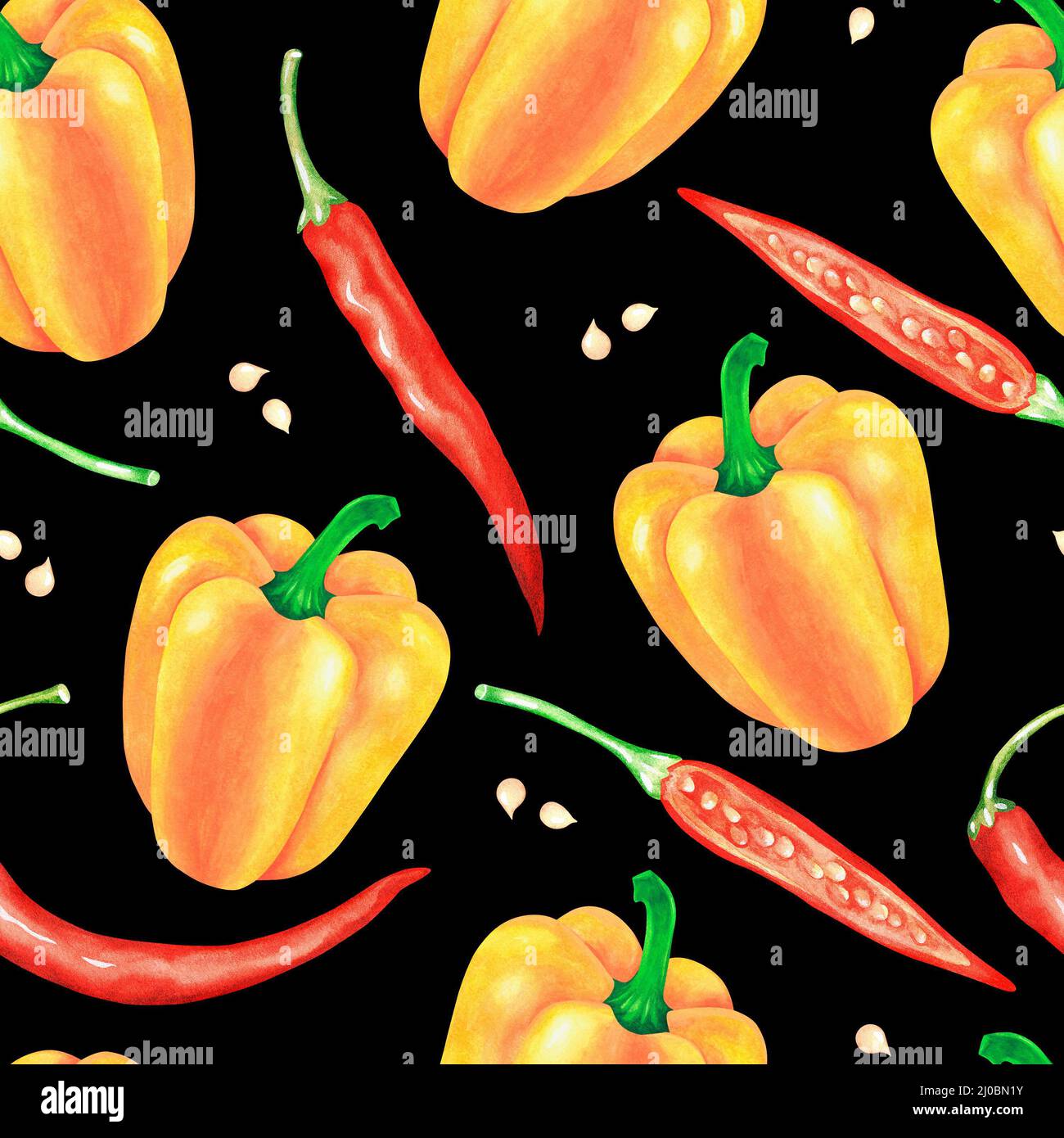 Sweet yellow and red hot pepper. Seamless pattern. Watercolor illustration. Isolated on a black background. For your design cookbooks, aprons. Stock Photo