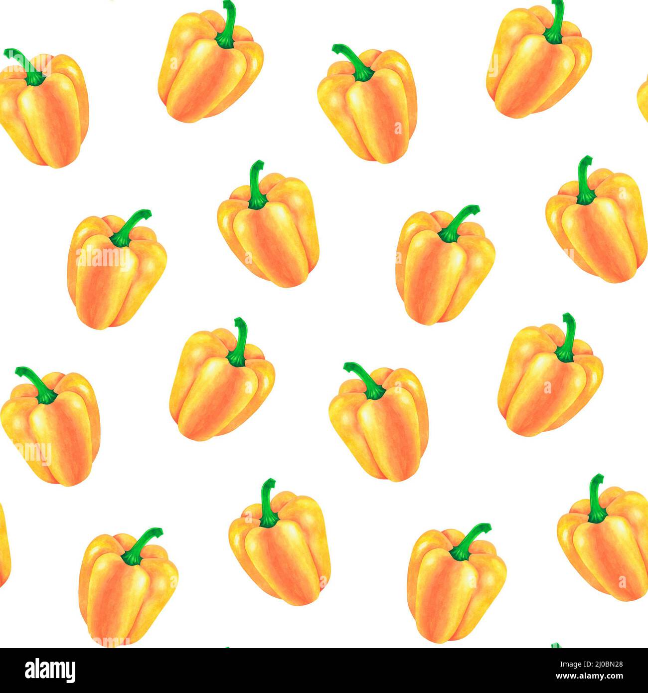 Seamless pattern. Yellow Bell pepper. Watercolor illustration. Isolated on a white background. For your design cookbooks, recipes, aprons. Stock Photo
