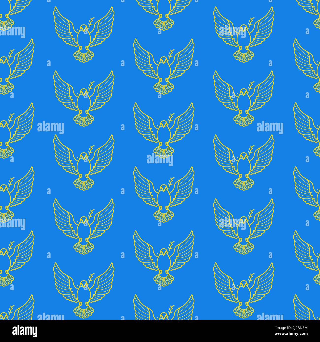 Seamless pattern yellow line art dove bird with a twig of a plant in its beak on blue background. Linear pigeon of peace. Cartoon draw design graphic Stock Vector