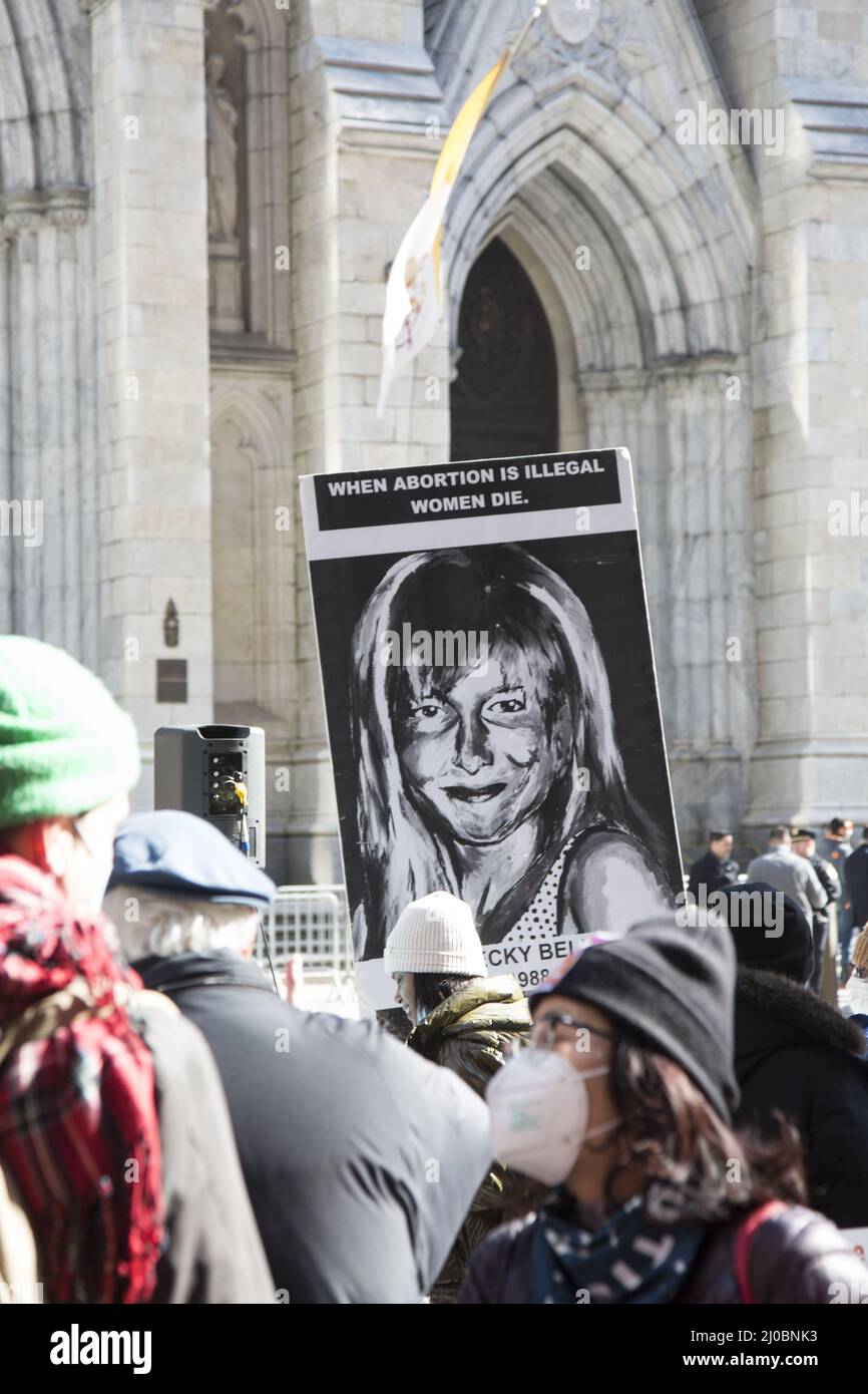 With the ongoing attacks on abortion and laws limiting women's access to abortion in many states Pro-Choice activists demonstrate in front of Saint Patrick's Cathedral on 5th Avenue in New York City. Stock Photo