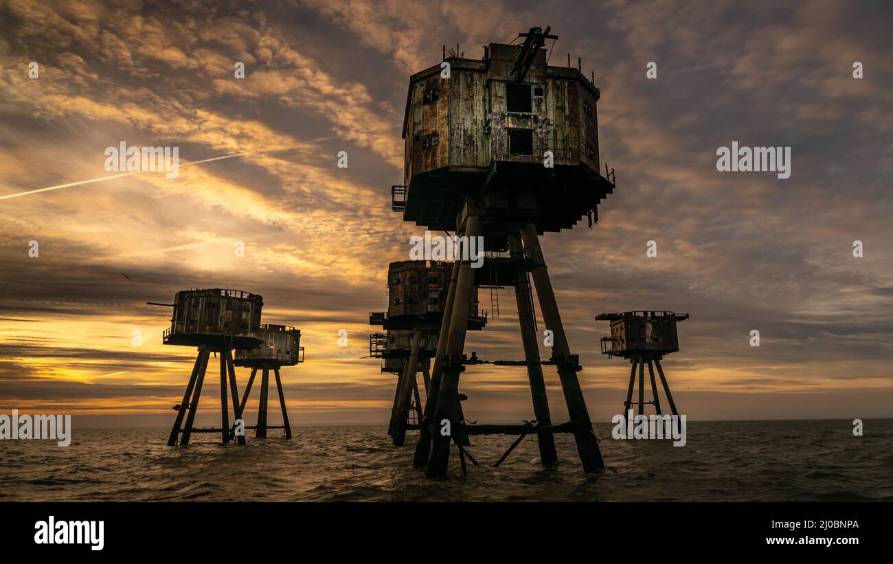 Red Sands (Maunsell) Forts at sunrise Stock Photo