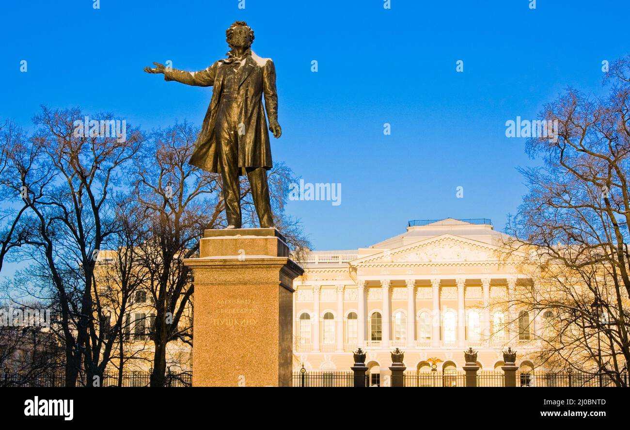 Statue of Alexander Pushkin, famous Russian poet. Arts Square, St ...