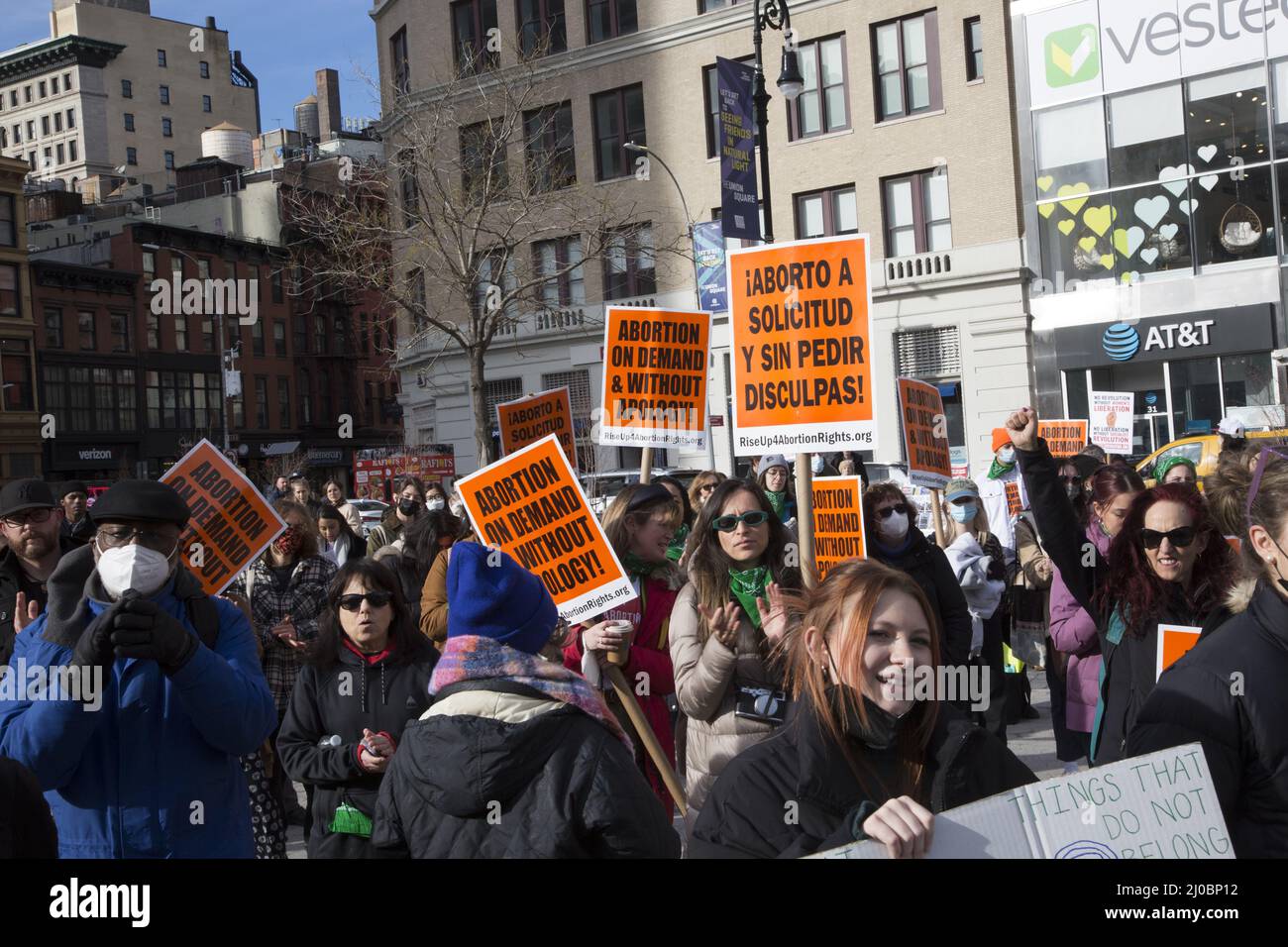 Women and men gather on International Women's Day at Union Square to protest, Rally and march against the widespread attack on a woman's right to abortion in the United States blocking control over ones own body. New York City. Stock Photo