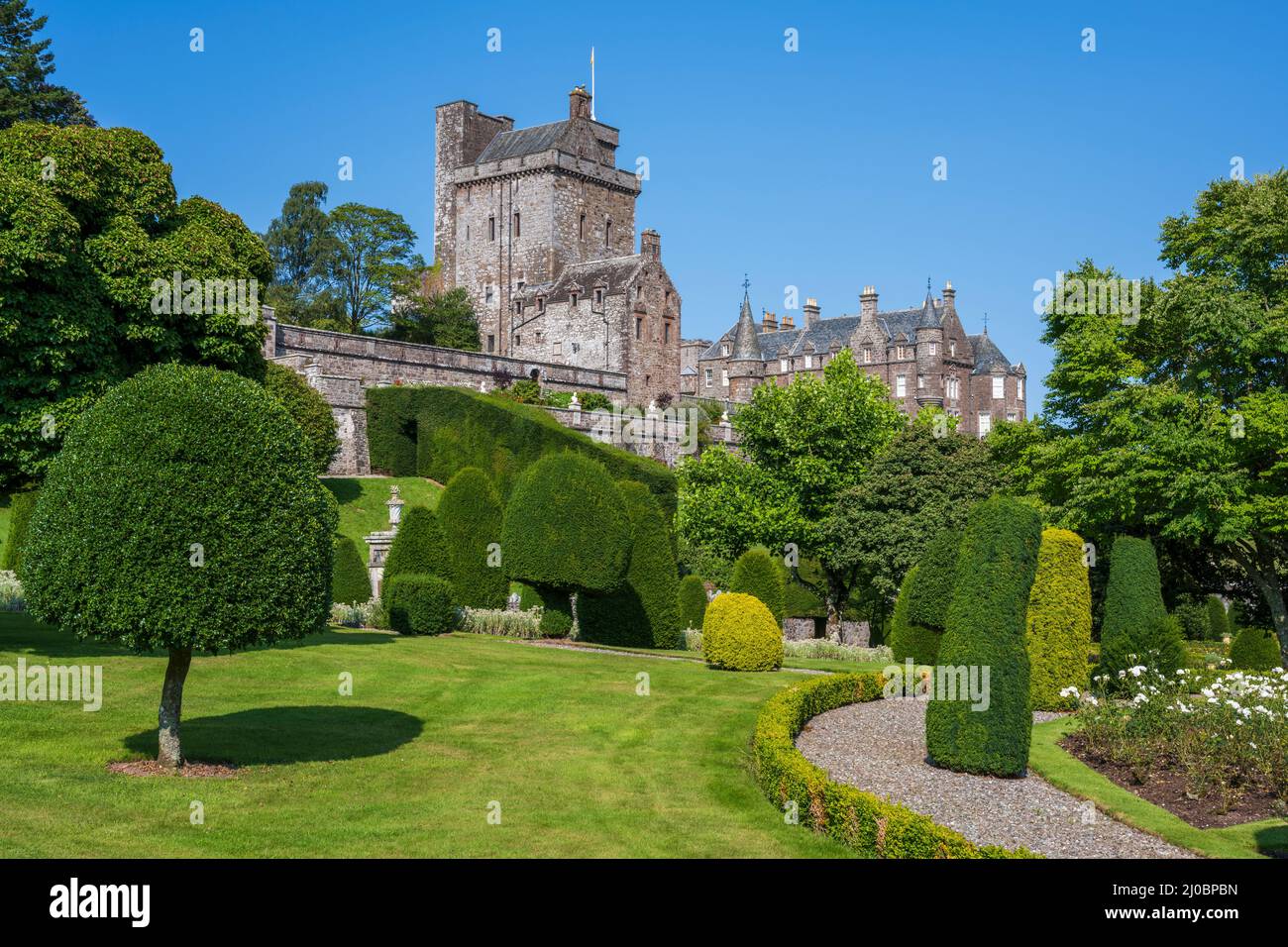 View of Drummond Castle from the topiary garden Drummond Castle near Crieff in Perthshire