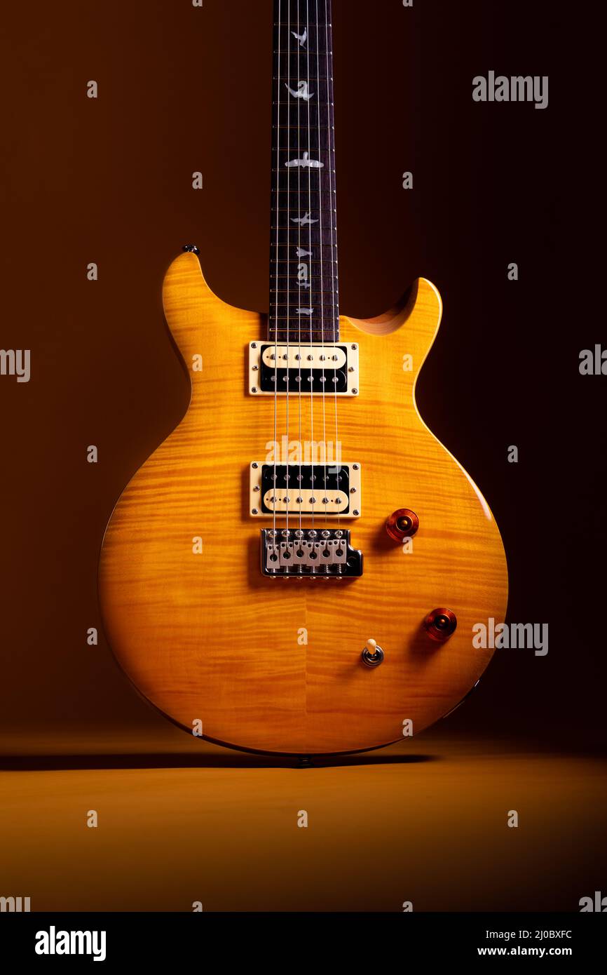 PRS guitar in Santana yellow on sunflower Stock Photo