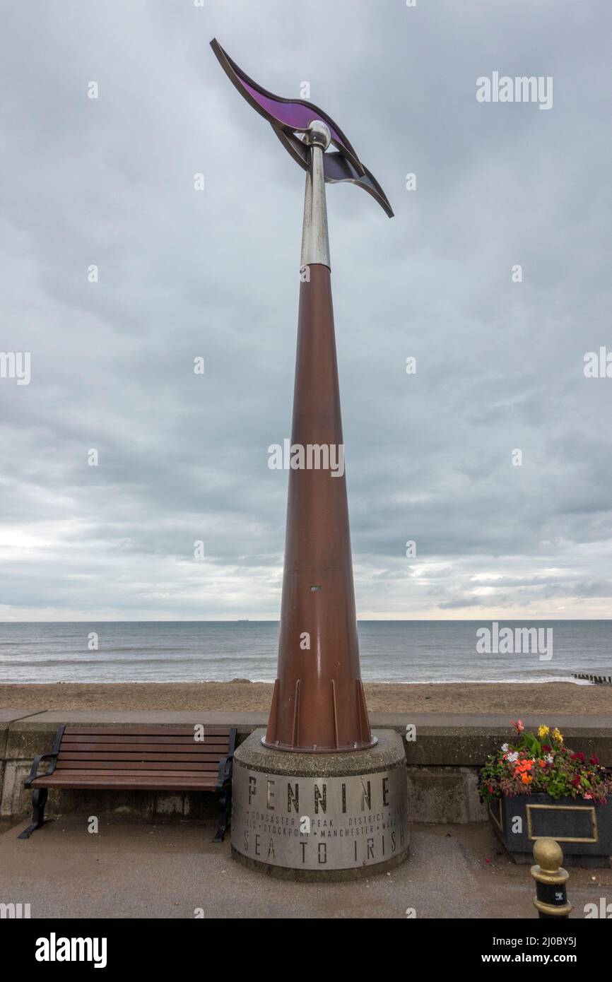 The Trans-Pennine Trail End Marker in Hornsea, a seaside town in East Riding of Yorkshire, England. Stock Photo